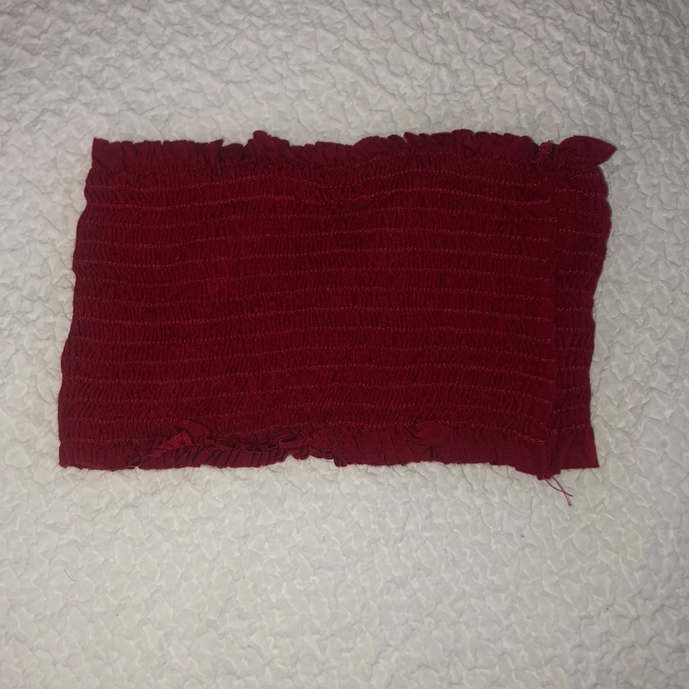 Red Crop Smock Bandeau Tube Top with Ruffles